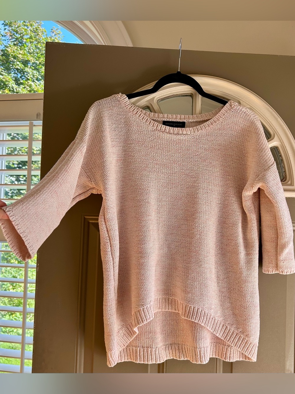 Pink Blush 100% Cotton Knit Women's Top - Boat Neck, 3/4 Sleeves & High-Low Hem